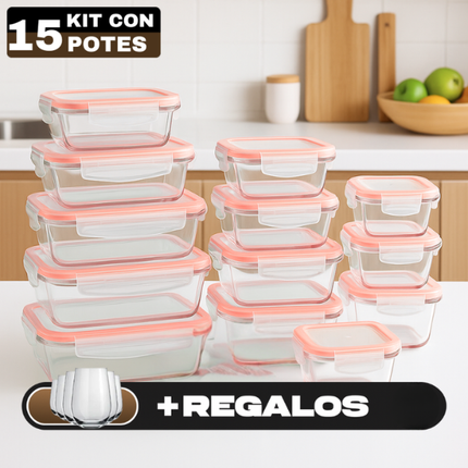 Conjunto de Recipientes Organizadores de Vidrio Templado con Tapa Antiderrame