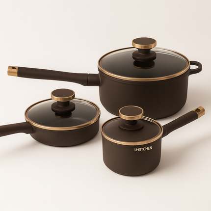 Conjunto Completo de 3 Ollas en Acero Inox Antideslizante con Mango de Madera