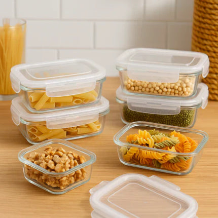 Conjunto de Recipientes Organizadores de Vidrio Templado con Tapa Antiderrame