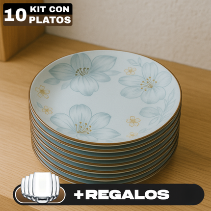 Kit 10 Platos de Cerámica Sakura con Pintura Artesanal